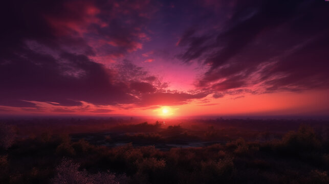 Beautiful sunset over the field. Landscape. 3d render