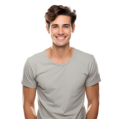 Young handsome man in grey t-shirt, isolated on transparent background