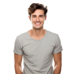 Obraz premium Young handsome man in grey t-shirt, isolated on transparent background