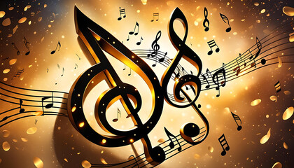 tanzende goldene Musik Noten auf dynamisch bewegten Zeilen im Raum schwingend wie Rythmus Melodie und Stimmung Hintergründe Vorlagen Kultur Konzert Radio Show Bühne im Rampenlicht Musical Philharmonie