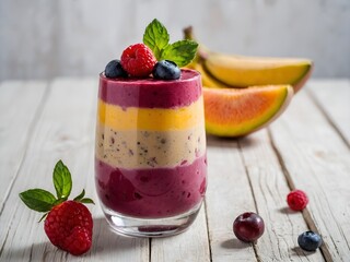 Fruits smoothie in a glass cup on a white wooden table