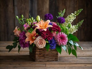 Beautiful flower bouquet on the background of a wooden table