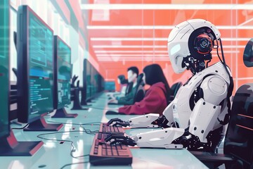 The robot works at a computer among people. The machine is typing on the keyboard in the office. IT team of the future. Futuristic worker. Support work