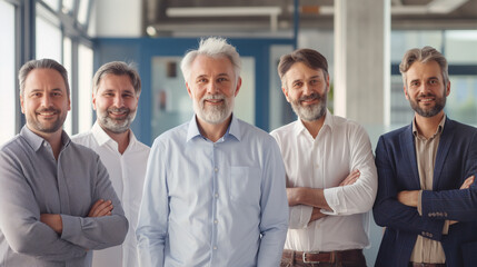 businessmen of different ages smiling looking at camera standing in office, portrait business people of diverse age group cutout  