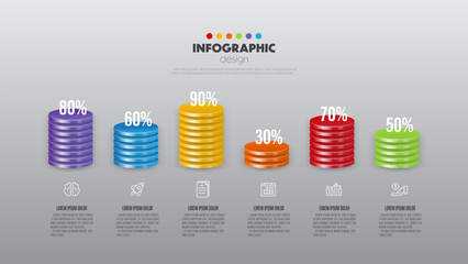 Vector stack of colorful circles chart infographic template with 3D for diagrams, graphs, presentations and business concept charts with 6 options. - obrazy, fototapety, plakaty