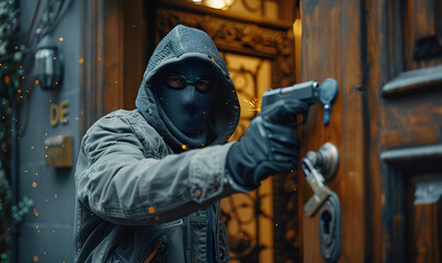 Person in hood holding a gun during a robbery. Intense urban crime scene. Security and law enforcement concept. Design for crime story, security training - obrazy, fototapety, plakaty