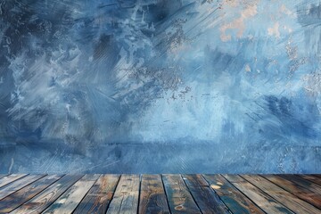 Wooden deck table on blue grunge background - generative ai