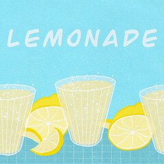 Glasses with lemonade and lemons on the table on a blue background. Seamless line. Digital art.