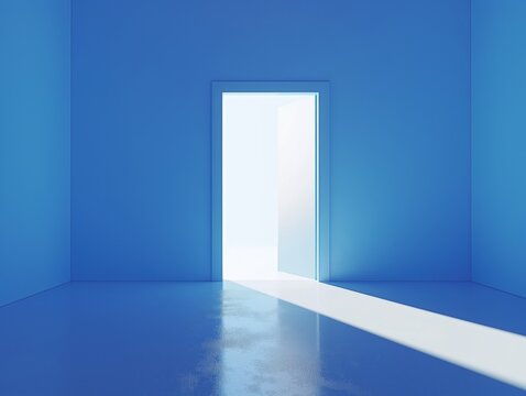 Minimalist image of a vibrant blue room with an open door allowing a beam of sunlight to enter.