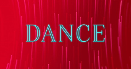 Image of neon dance text banner over neon pink light trails spinning against red background