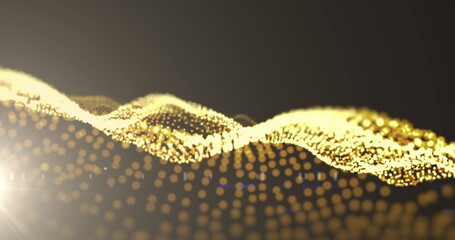Image of abstract mesh with gold glowing spots floating and waving on brown background - obrazy, fototapety, plakaty