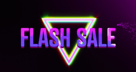 Image of flash sale text in pink and purple over triangle and explosion of purple light trails
