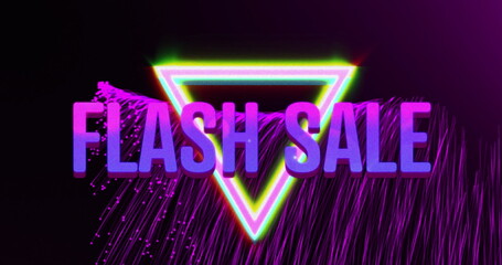 Image of flash sale text in pink and purple over triangle and explosion of purple light trails