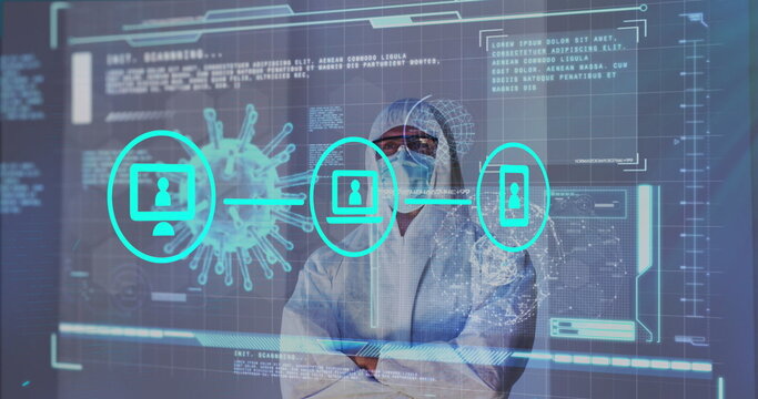 Image of screen with covid 19 cell and medical data processing over scientist in ppe suit