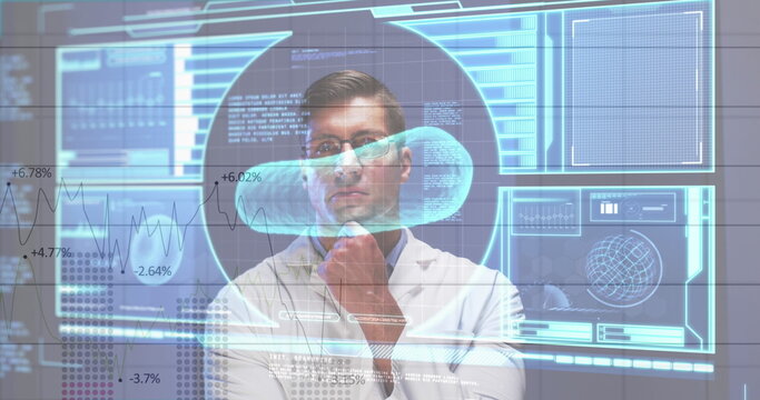 Digital interface with blood vessels and data processing against thoughtful caucasian male doctor