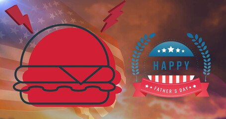Image of happy father's day text with american flag elements, and red hamburger