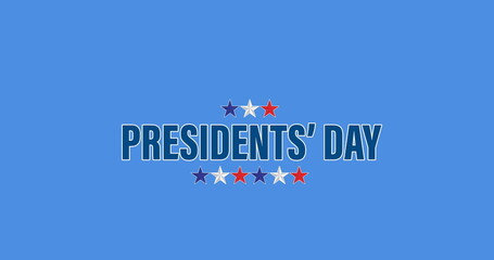 Image of presidents' day text and red, white and blue stars, on blue