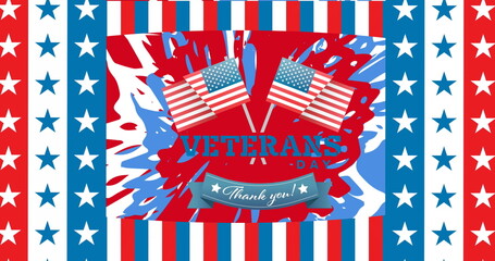 Image of veterans day thank you text with american flags, over stars and stripes patterns