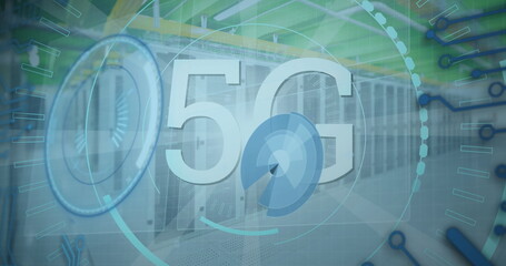 Image of 5g and processing circles over servers