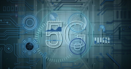 Image of 5g and processing circles over servers