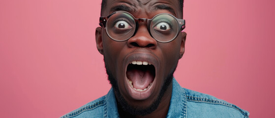 Man with exaggerated surprise expression and glasses slipping down, posing on a pink backdrop.