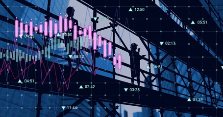 Image of female architect on scaffolding, financial data processing and statistics