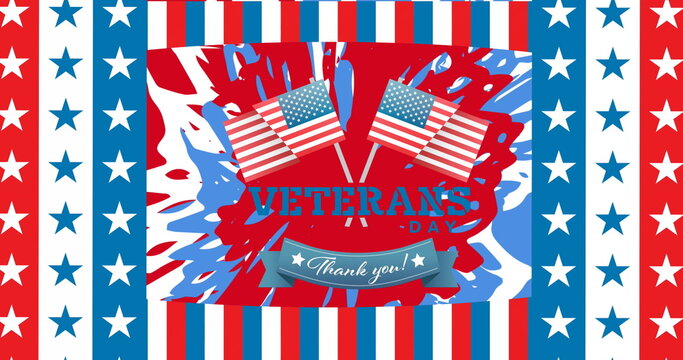 Naklejki Image of veterans day thank you text with american flags, over stars and stripes patterns