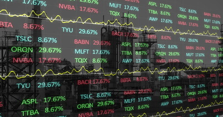 Image of crane at construction site, financial data processing and statistics