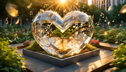 schwebendes Herz aus Kristall Glas klar und fröhlich glücklich in goldener Stunde über einem urbanen Park oder Garten, Liebe Leidenschaft und Symphony der Klänge Show Konzert Feiertag Valentinstag 