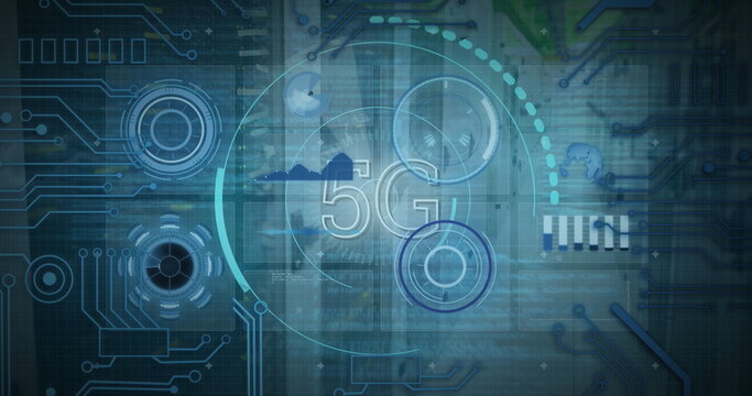 Image of 5g and processing circles over servers