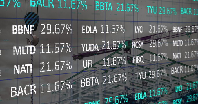 Image of crane at construction site, financial data processing and statistics - Powered by Adobe