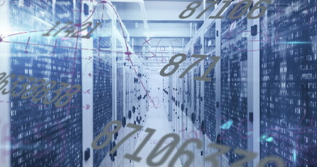 Image of mathematical equations and data processing over server room