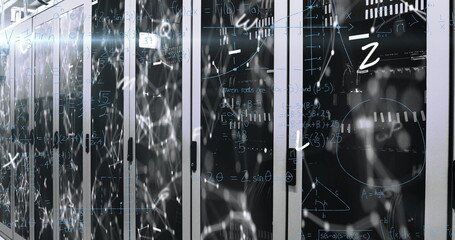 Image of mathematical equations and letters over server room