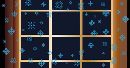 Image of happy holidays and new year text with window and blue snowflakes over winter landscape