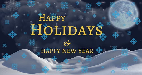 Image of happy holidays and new year text with window and blue snowflakes over winter landscape