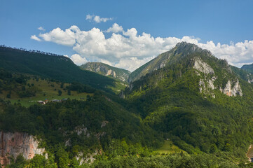 Montenegro. Picturesque canyon of the Tara river. Mountains surrounding the canyon. Forests on the...