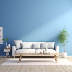 White sofa on a blue background. Living room. Room design.
Cool interior with white sofa and blue wall.
modern living room
A living room with a blue wall and a white rug
