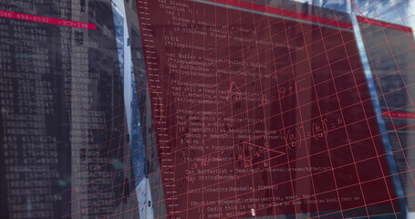 Image of mathematical equations and data processing over server room
