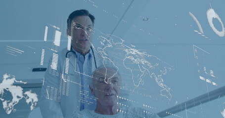 Image of data processing with world map over diverse doctor and patient at hospital