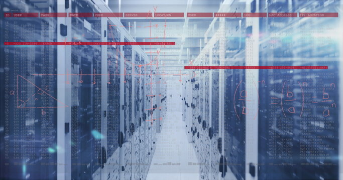 Image of mathematical equations and data processing over server room