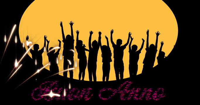 Image of buon anno text in red with new year fireworks and silhouettes of celebrating people - Powered by Adobe