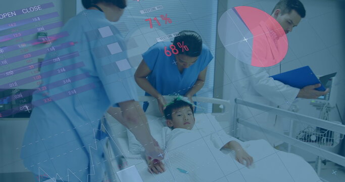 Image of financial data processing over diverse doctors and patient at hospital - Powered by Adobe