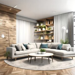 Rustic cabinet near white sofa against concretion wall. Minimalist interior design of modern living room. - obrazy, fototapety, plakaty