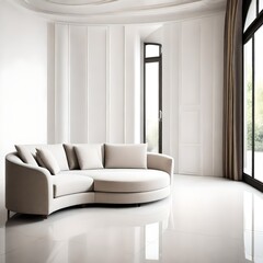 Puffy curved sofa in spacious room. Minimalist home interior of modern living room.