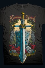Excalibur sword in the stone on T-shirt. Mythical concept art. Isolated on black background. Ai Generative