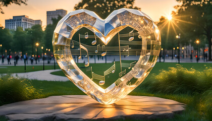 schwebendes Herz aus Kristall Glas klar und fröhlich glücklich in goldener Stunde über einem urbanen Park oder Garten, Liebe Leidenschaft und Symphony der Klänge Show Konzert Feiertag Valentinstag 