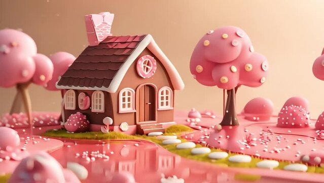 3D illustration of colorful candy house village