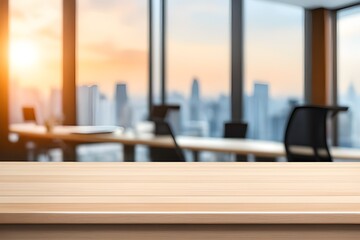wooden table with blurred office scene