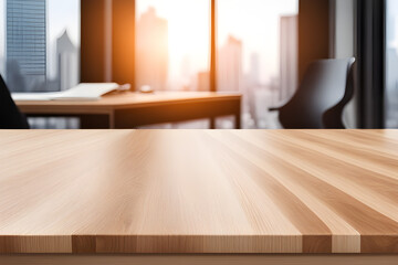 wooden table with blurred office scene - obrazy, fototapety, plakaty