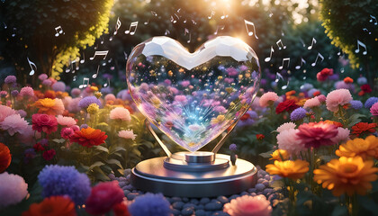 schwebendes Herz aus Kristall Glas klar und fröhlich umgeben von Blumen Noten Schwingungen in goldener Stunde über einem urbanen Park oder Garten, Liebe Leidenschaft und Symphony der Klänge und Töne 